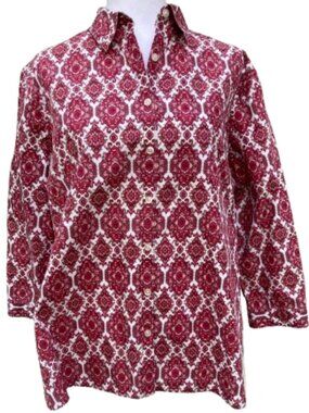 Lands' End Women's Blouse Medallion Paisley Burgundy 3/4 Sleeves Collar, size 18